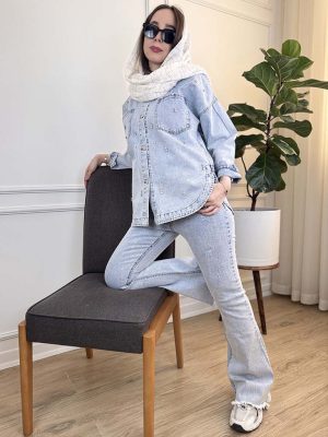 کت جین هلالی نگینی آبشاری آبی تینت