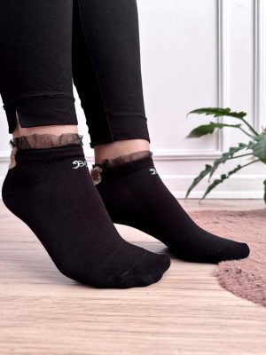 جوراب زنانه مچی مشکی ساده با لبه گیپوری