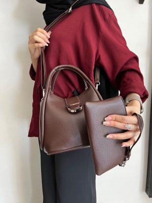 کیف دستی زنانه چرمی شکلاتی مدل هلالی بوهو همراه با کیف کوچک